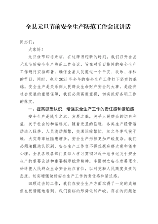 全县元旦节前安全生产防范工作会议讲话20241225