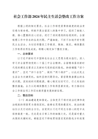 社会工作部2024年民主生活会整改工作方案