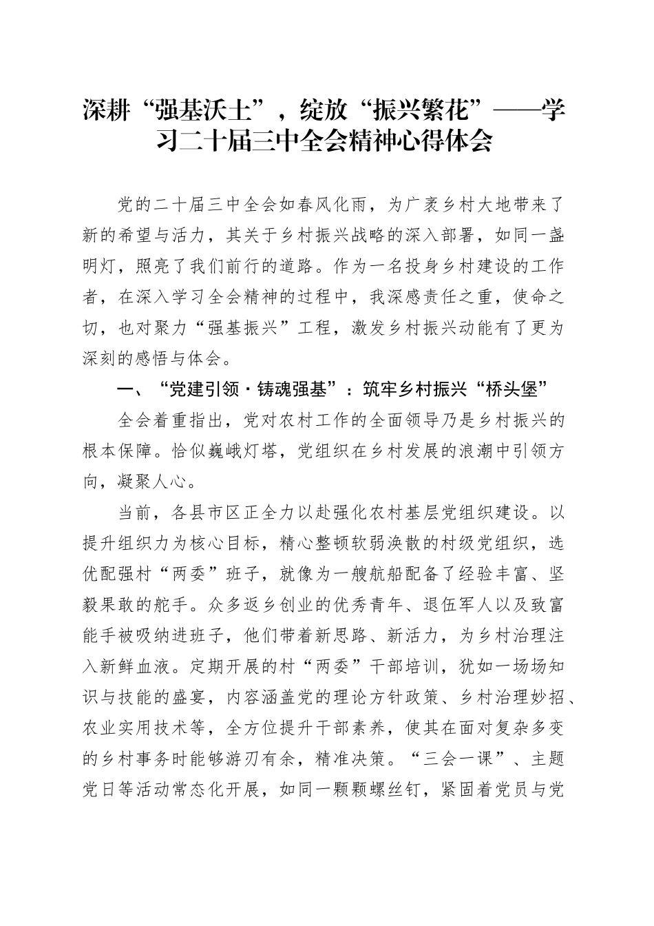 深耕“强基沃土”，绽放“振兴繁花”——学习二十届三中全会精神心得体会_第1页