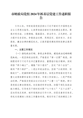 市财政局党组2024年抓基层党建工作述职报告