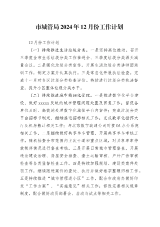 市城管局2024年12月份工作计划