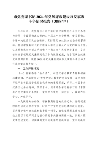 市党委副书记2024年党风廉政建设及反腐败斗争情况报告（3888字）