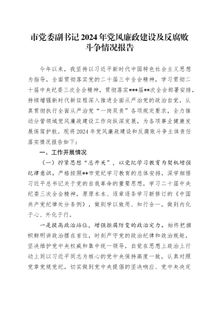 市党委副书记2024年党风廉政建设及反腐败斗争情况报告