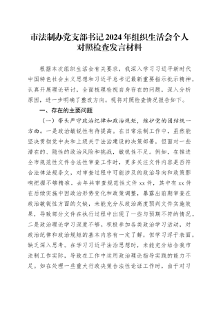 市法制办党支部书记2024年组织生活会个人对照检查发言材料