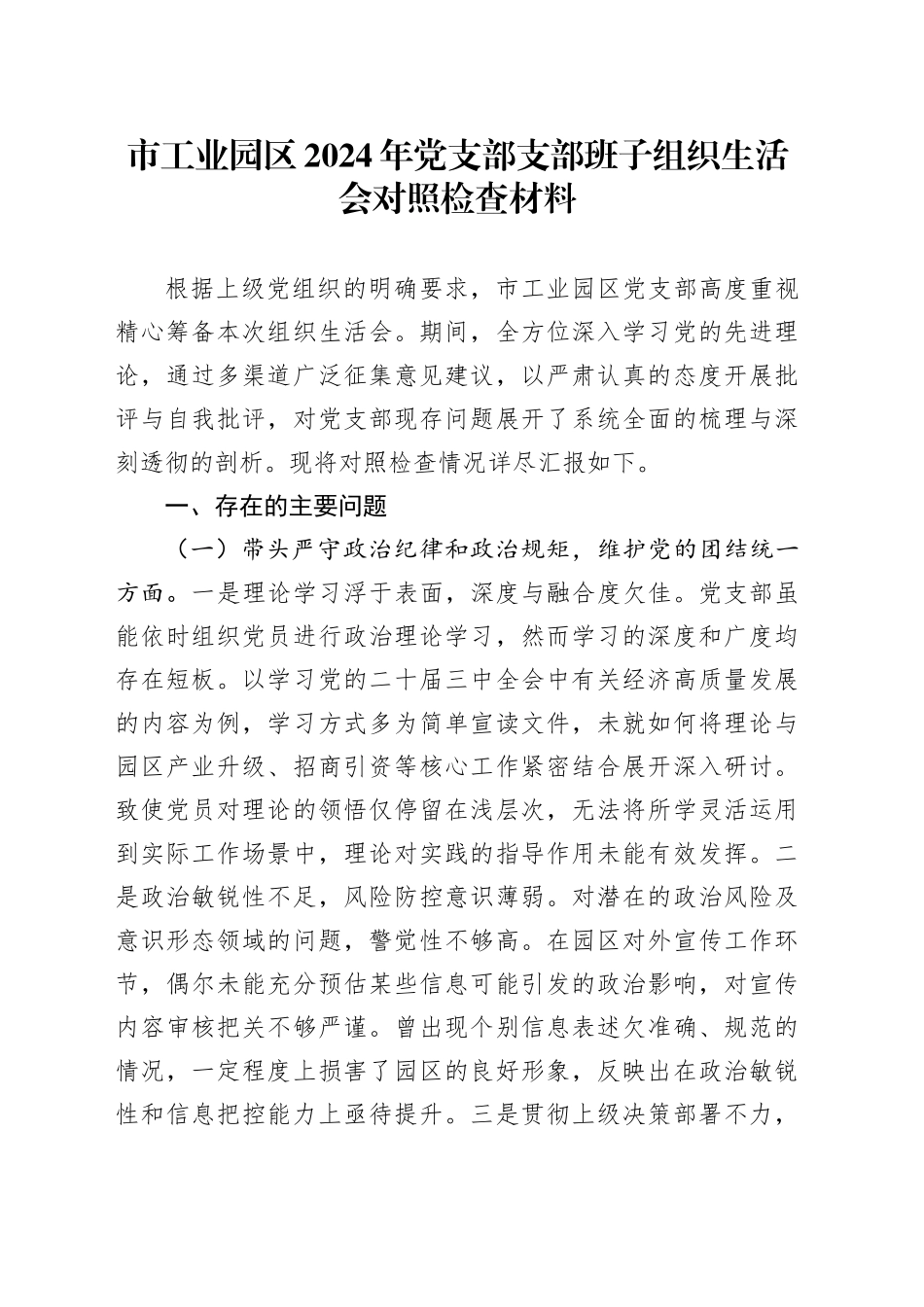 市工业园区2024年党支部支部班子组织生活会对照检查材料_第1页