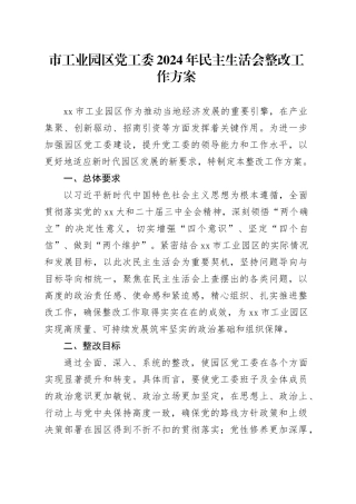 市工业园区党工委2024年民主生活会整改工作方案