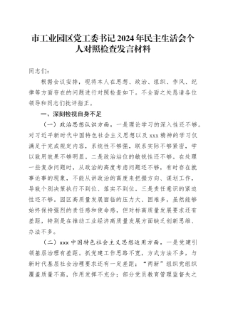 市工业园区党工委书记2024年民主生活会个人对照检查发言材料
