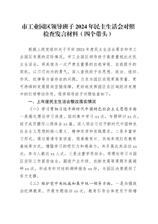 市工业园区领导班子2024年民主生活会对照检查发言材料（四个带头）