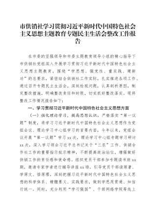 市供销社学习贯彻习近平新时代中国特色社会主义思想主题教育专题民主生活会整改工作报告