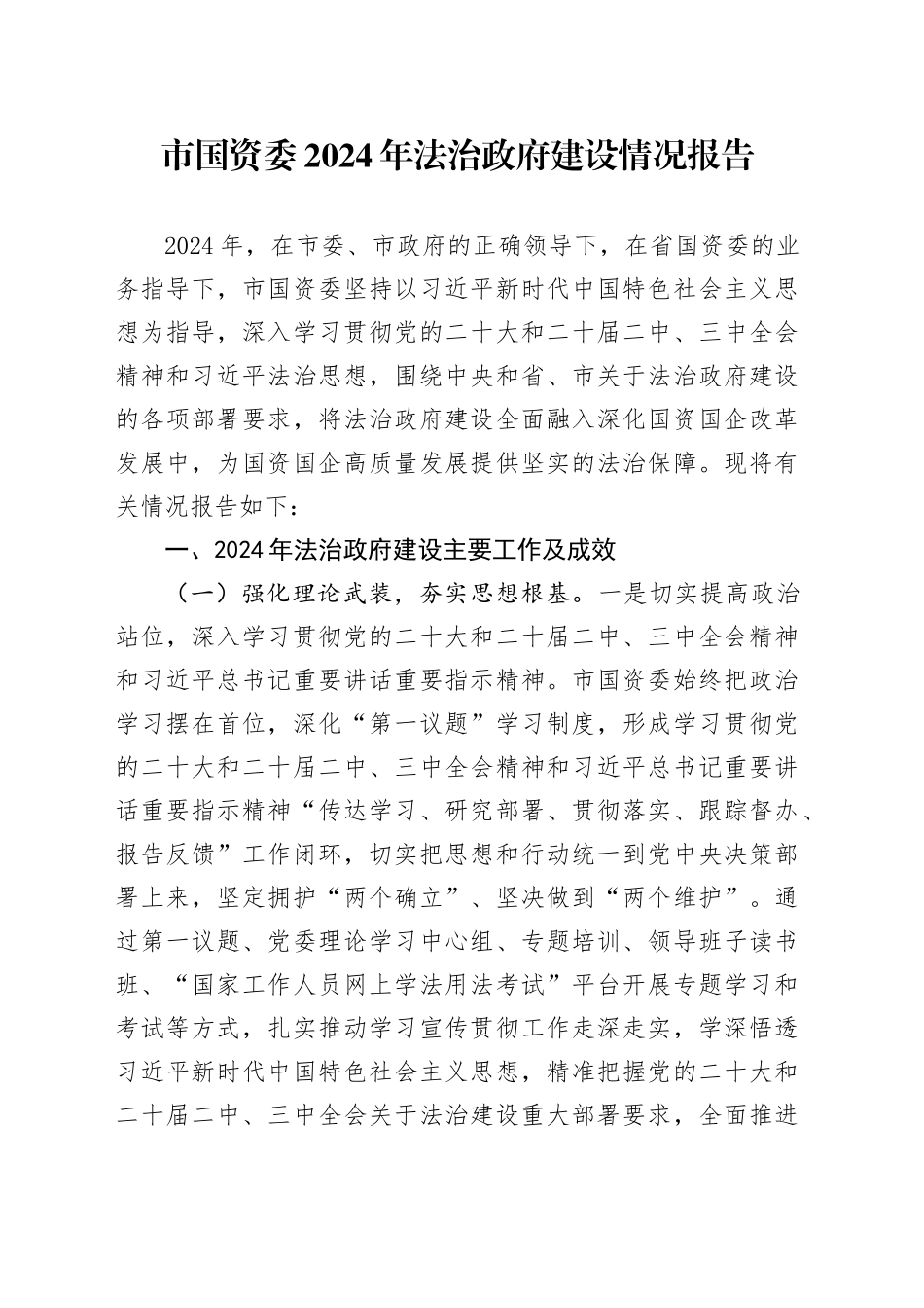 市国资委2024年法治政府建设情况报告_第1页