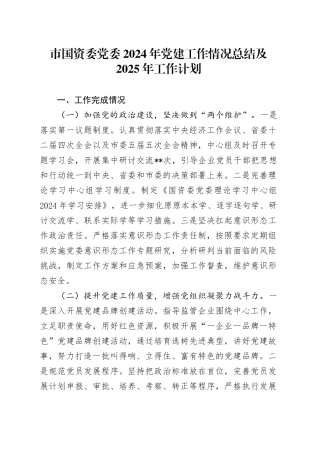 市国资委党委2024年党建工作情况总结及2025年工作计划