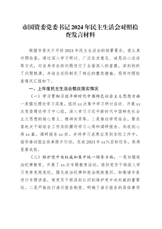 市国资委党委书记2024年民主生活会对照检查发言材料（上年度整改落实情况）