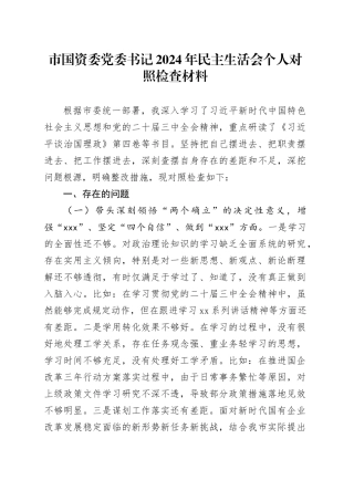 市国资委党委书记2024年民主生活会个人对照检查材料（2）