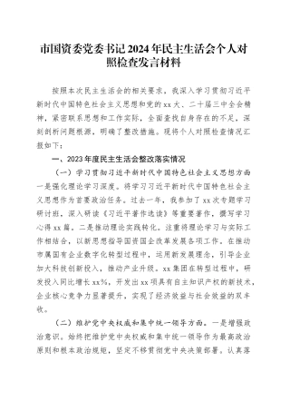 市国资委党委书记2024年民主生活会个人对照检查发言材料（上年度整改落实情况）