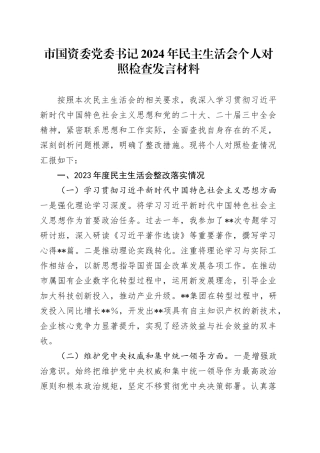 市国资委党委书记2024年民主生活会个人对照检查发言材料
