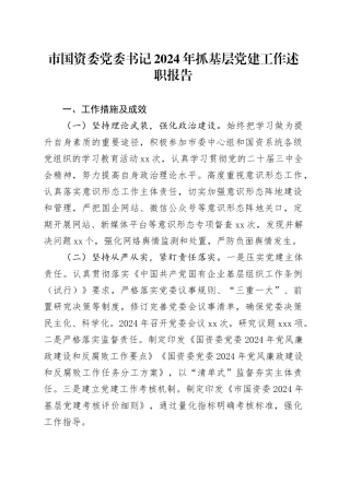 市国资委党委书记2024年抓基层党建工作述职报告