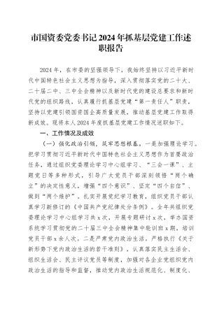 市国资委党委书记2024年抓基层党建工作述职报告20250108
