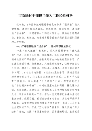 市激励村干部担当作为工作经验材料总结汇报报告20250307
