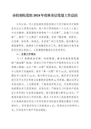 市检察院党组2024年度抓基层党建工作总结
