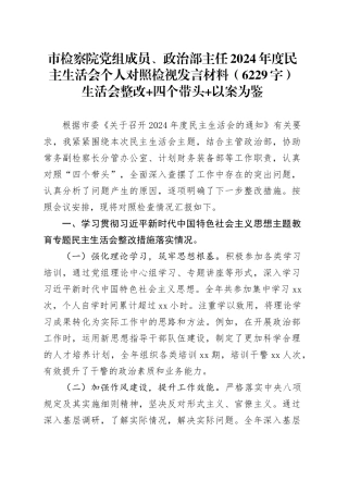 市检察院党组成员、政治部主任2024年度民主生活会个人对照检视发言材料（6229字）生活会整改 四个带头 以案为鉴