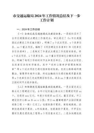 市交通运输局2024年工作情况总结及下一步工作计划