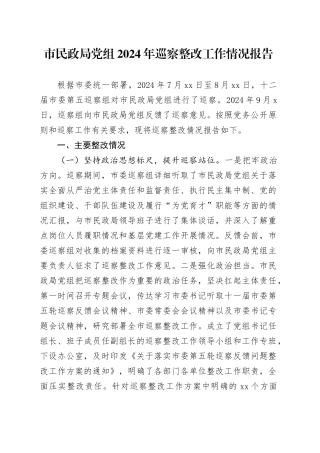 市民政局党组2024年巡察整改工作情况报告