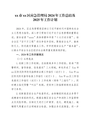 市区应急管理局2024年工作总结及2025年工作计划