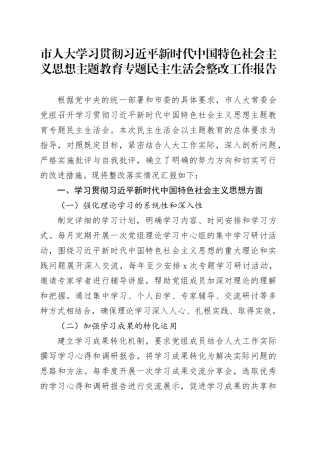 市人大学习贯彻习近平新时代中国特色社会主义思想主题教育专题民主生活会整改工作报告