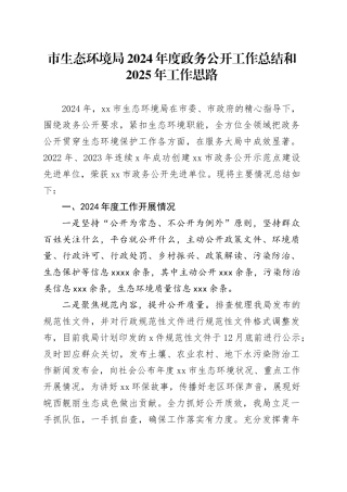 市生态环境局2024年度政务公开工作总结和2025年工作思路