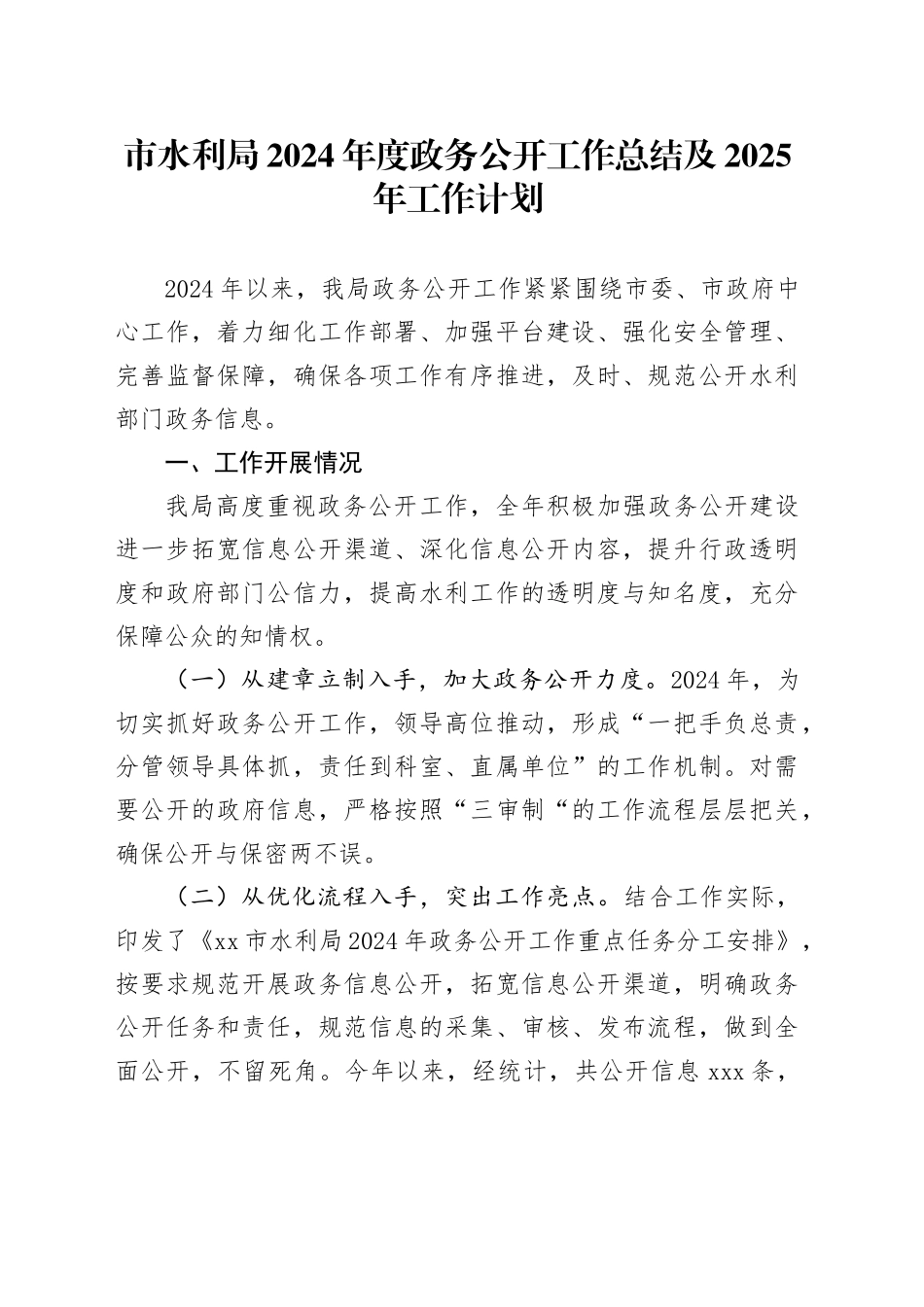 市水利局2024年度政务公开工作总结及2025年工作计划_第1页