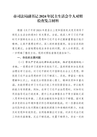 市司法局副书记2024年民主生活会个人对照检查发言材料