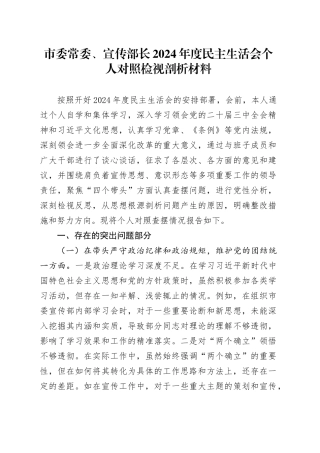 市委常委、宣传部长2024年度民主生活会个人对照检视剖析材料