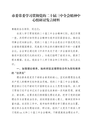 市委常委学习贯彻党的二十届三中全会精神中心组研讨发言材料