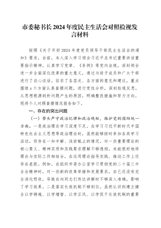 市委秘书长2024年度民主生活会对照检视发言材料