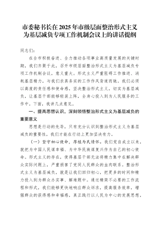 市委秘书长在2025年市级层面整治形式主义为基层减负专项工作机制会议上的讲话提纲