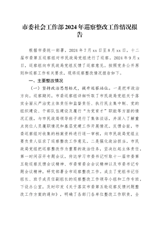 市委社会工作部2024年巡察整改工作情况报告