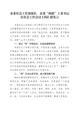 市委社会工作部部长、市委“两新”工委书记在社会工作会议上的汇报发言