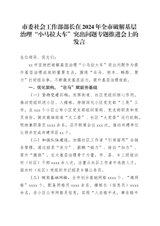 市委社会工作部部长在2024年全市破解基层治理“小马拉大车”突出问题专题推进会上的发言
