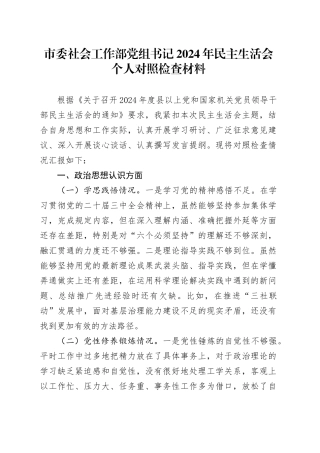 市委社会工作部党组书记2024年民主生活会个人对照检查材料