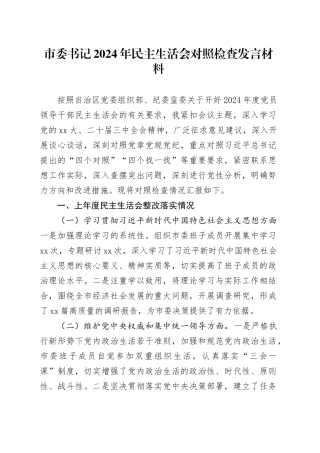 市委书记2024年民主生活会对照检查发言材料（上年度整改落实情况）