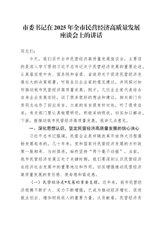 市委书记在2025年全市民营经济高质量发展座谈会上的讲话