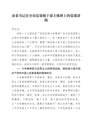 市委书记在全市县处级干部主体班上的党课讲稿