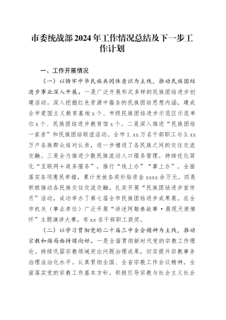市委统战部2024年工作情况总结及下一步工作计划