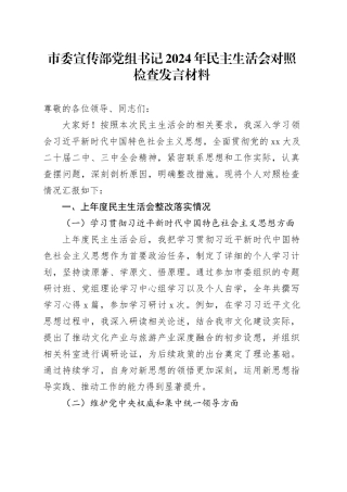 市委宣传部党组书记 2024 年民主生活会对照检查发言材料（上年度整改落实情况）