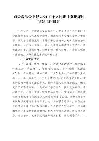 市委政法委书记2024年个人述职述责述廉述党建工作报告20241127
