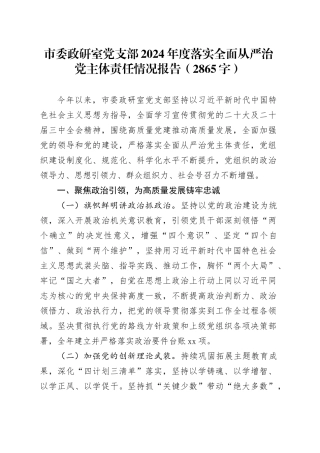 市委政研室党支部2024年度落实全面从严治党主体责任情况报告（2865字）