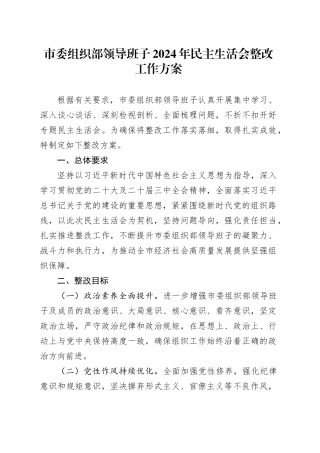 市委组织部领导班子2024年民主生活会整改工作方案