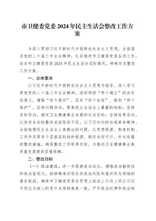 市卫健委党委2024年民主生活会整改工作方案