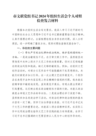 市文联党组书记2024年组织生活会个人对照检查发言材料