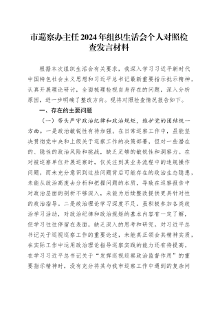 市巡察办主任2024年组织生活会个人对照检查发言材料